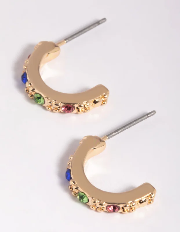 Smooth drop earrings-Gold Diamante Huggie Hoop Earrings