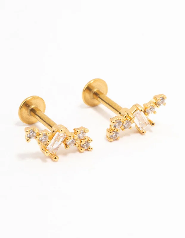 Layered tier earrings-Gold Plated Surgical Steel Baguette Rounded Cubic Zirconia Flat Backs 2-Pack