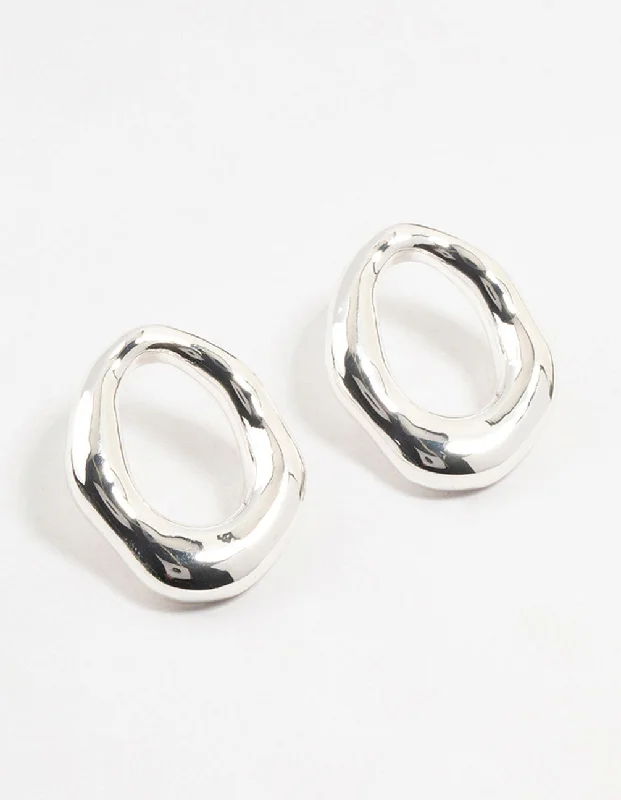 Aged bronze earrings-Silver Plated Molten Open Circle Stud Earrings