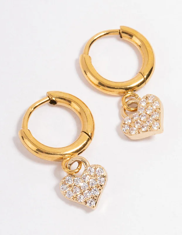 Stellar glow earrings-Gold Plated Surgical Steel Cubic Zirconia Floated Heart Huggie Earrings