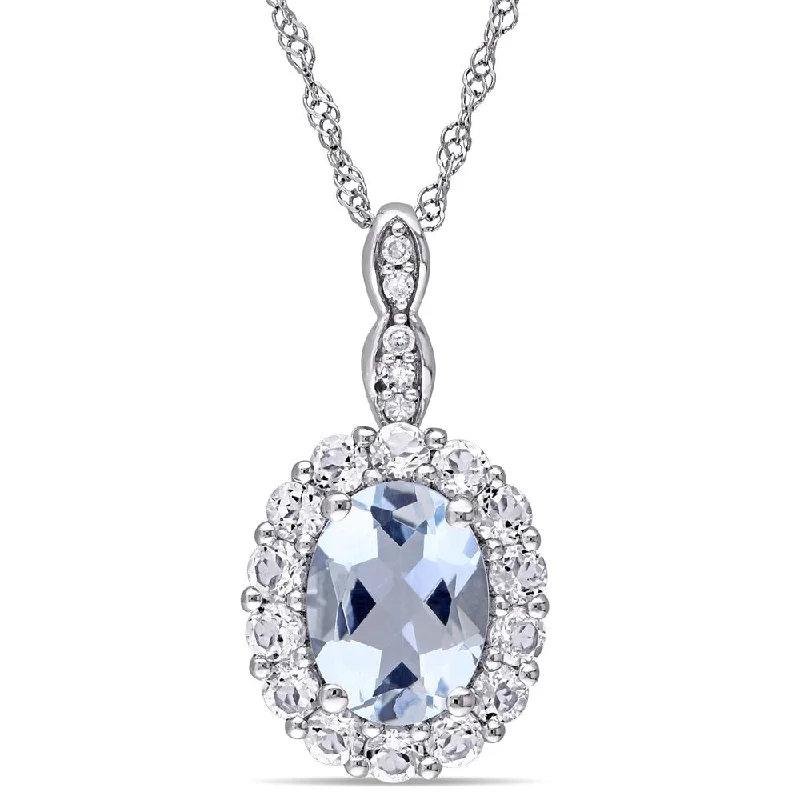 Topaz necklaces-Miadora 14k White Gold Oval-cut Aquamarine, White Topaz and Diamond Accent Birthstone Halo Drop Necklace (G-H, I1-I2) - Blue