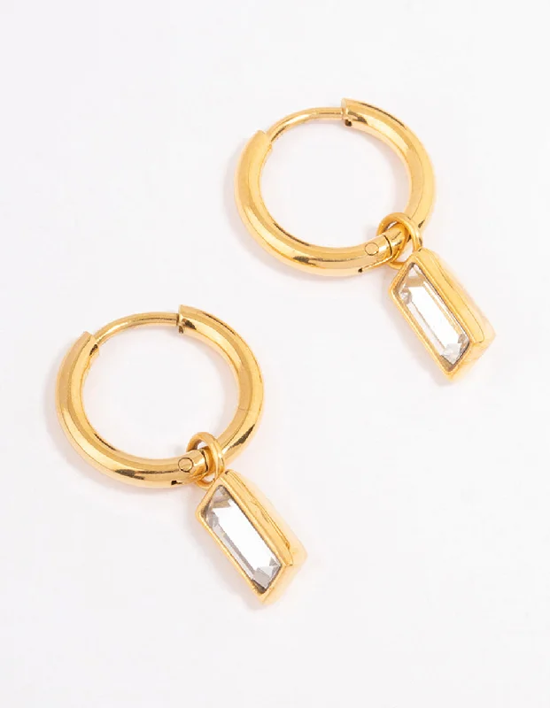 Reef knot earrings-Waterproof Gold Plated Stainless Steel Classic Baguette Huggie Earrings