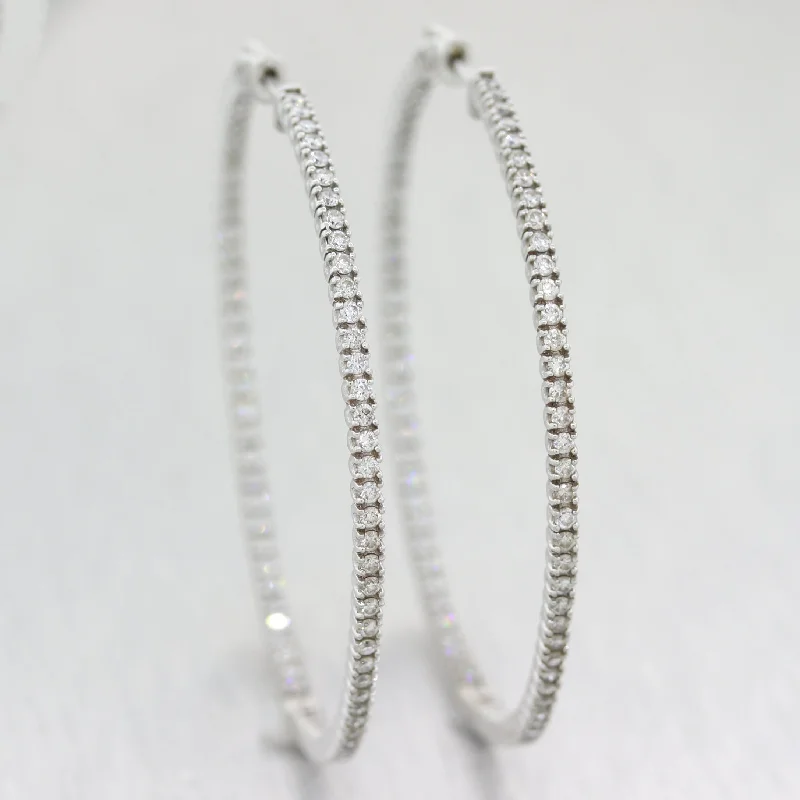 Smooth drop earrings-Modern 14k White Gold Extra Large 3ctw Diamond In & Out Hoop Earrings