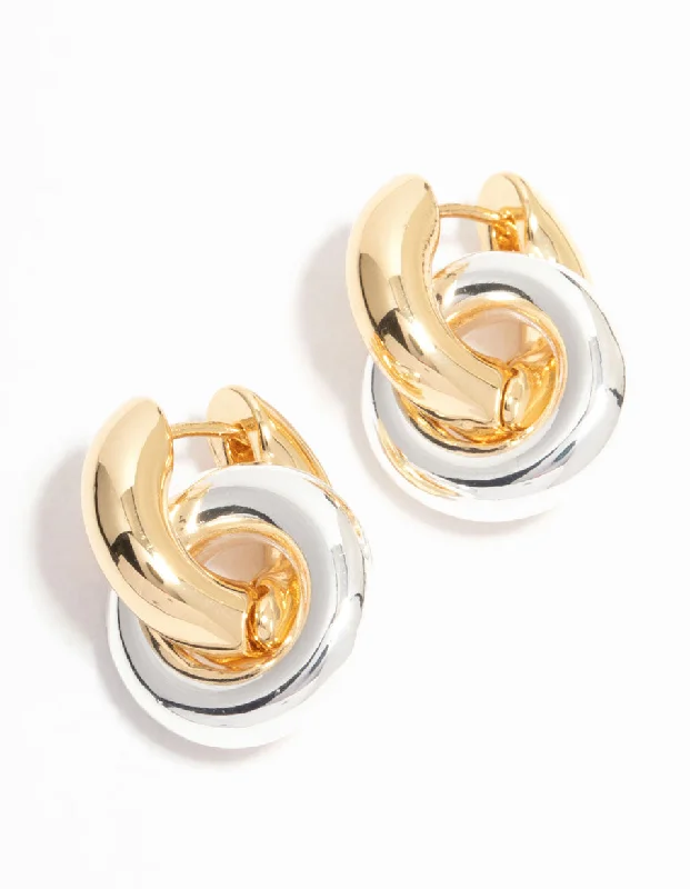 Aged bronze earrings-Gold & Silver Plated Double Ring Huggie Drop Earrings