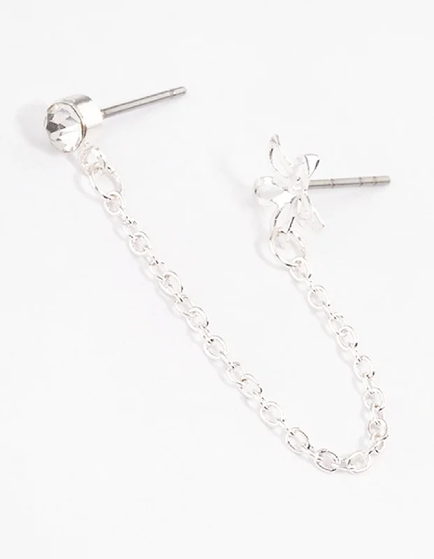 Java tile earrings-Silver Diamante & Flower Chain Earrings