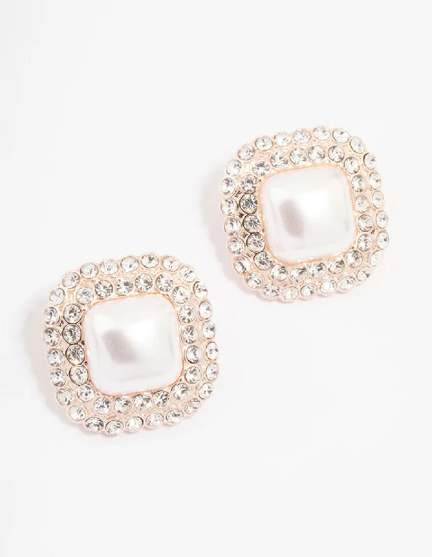 Mystic eye earrings-Rose Gold Large Pearl & Diamante Stud Earrings