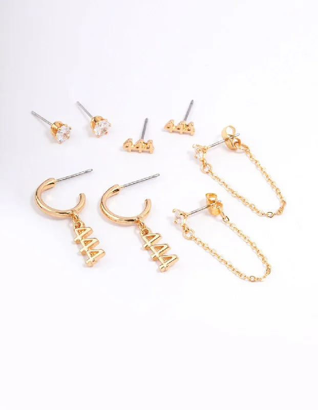 Curved design earrings-Gold Plated 444 Angel Number Earring Pack