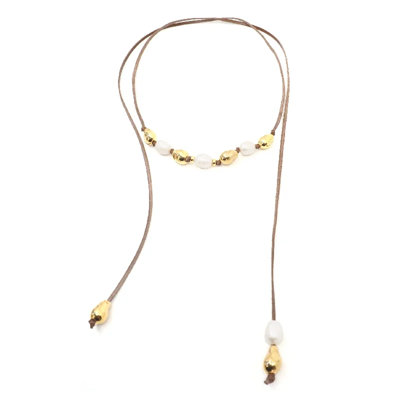 Solid link necklaces-The Victoria Necklace in Gold, Pearl & Leather