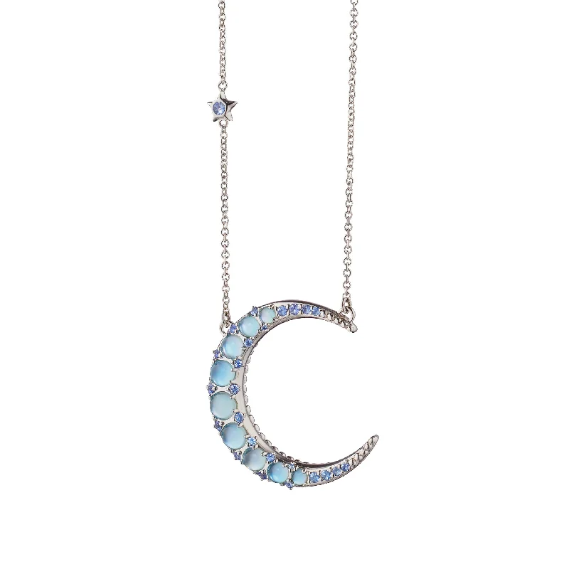 Stellar star necklaces-Sun, Moon and Stars Blue Topaz Crescent Moon Necklace