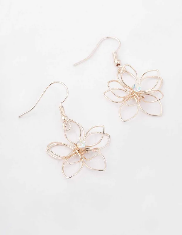 Bead weave earrings-Rose Gold Diamante Wire Flower Drop Earrings