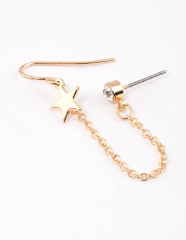 Light drop earrings-Gold Star & Diamanate Chain Stud Earrings