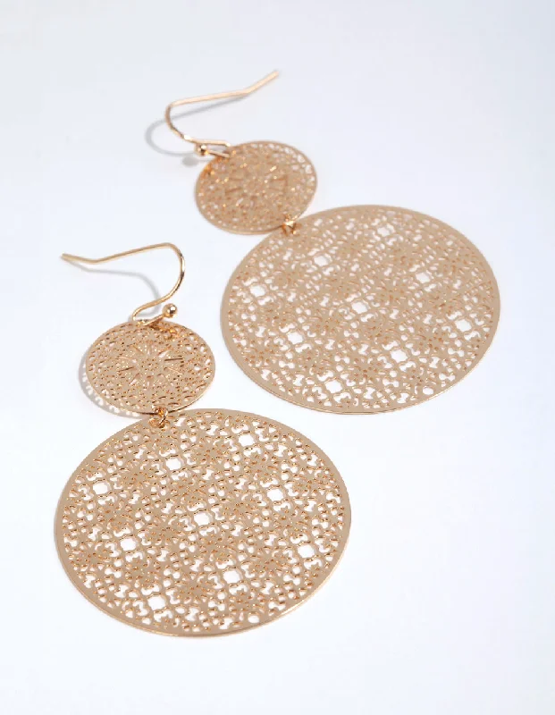 Radiant star earrings-Gold Double Filigree Disc Drop Earrings