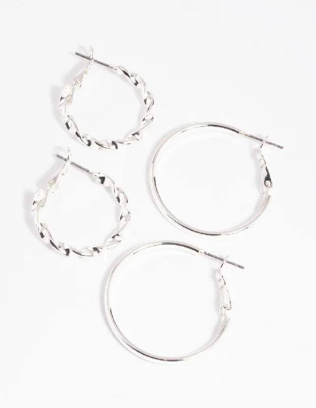 Thick hoop earrings-Silver Twisted Hoop Earring Set