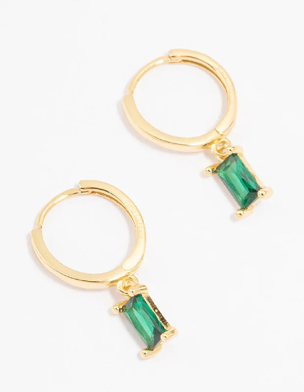 Two-tone earrings-Gold Plated Sterling Silver Green Cubic Zirconia Baguette Hoop Earrings