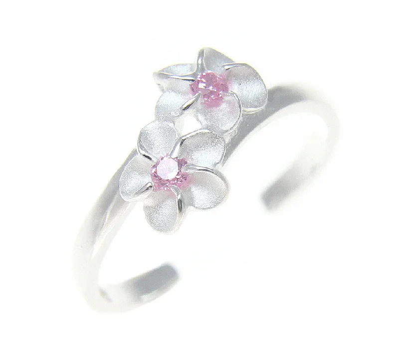 Full moon engagement rings-925 Sterling Silver Hawaiian Double Plumeria Flower Pink CZ Open Toe Ring