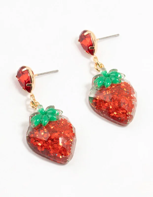 Tiny dot earrings-Red Acrylic Diamante Strawberry Drop Earrings