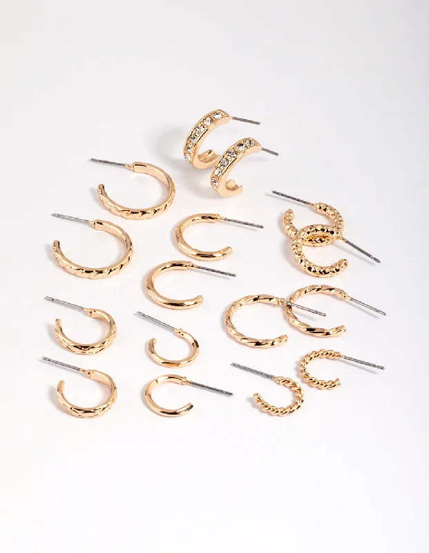 Pure stud earrings-Gold Mixed Diamante Hoop Earring 8-Pack