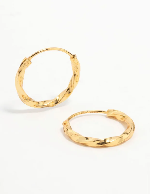 Vivid gem earrings-Gold Plated Sterling Silver Twisted Hoop Earrings 15MM