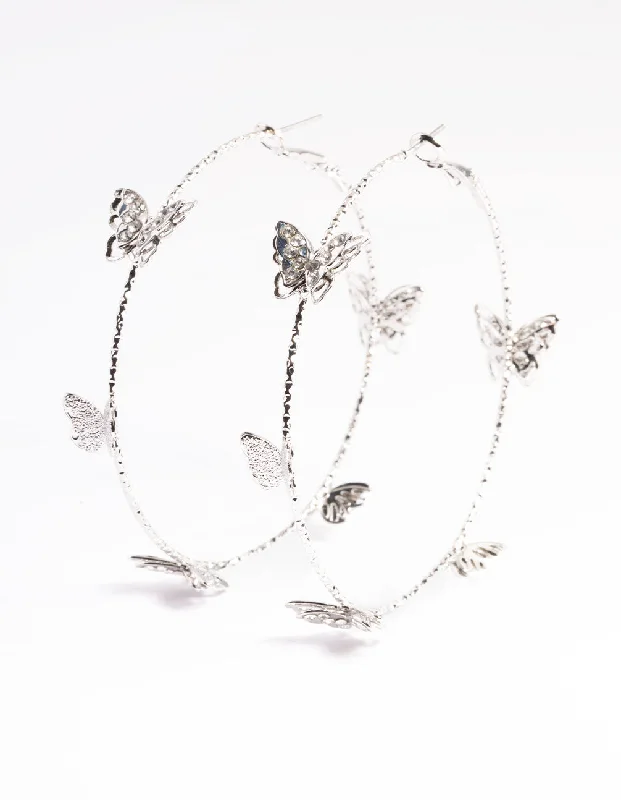 High gloss earrings-Silver Butterfly Hoop Earrings