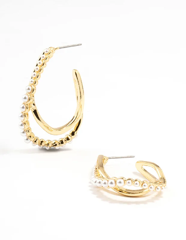 Flat badge earrings-Gold Plated Pearl Weave Hoop Earrings