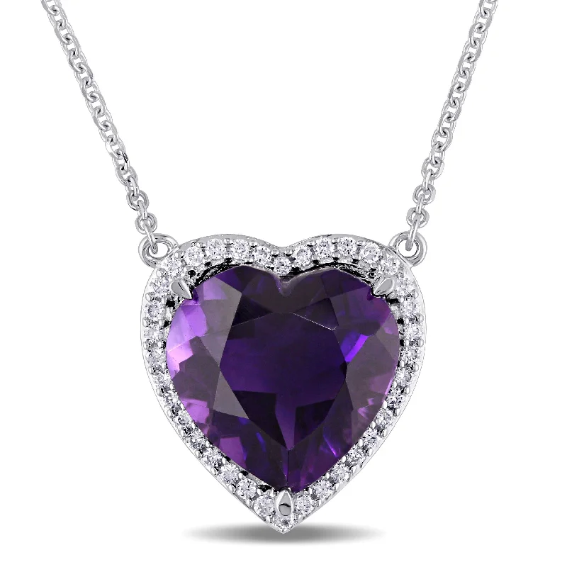 Lace choker necklaces-Amethyst and 1/5ct TDW Diamond Heart-Cut Halo Necklace in 14k White Gold by The Miadora Signature Collection - Purple