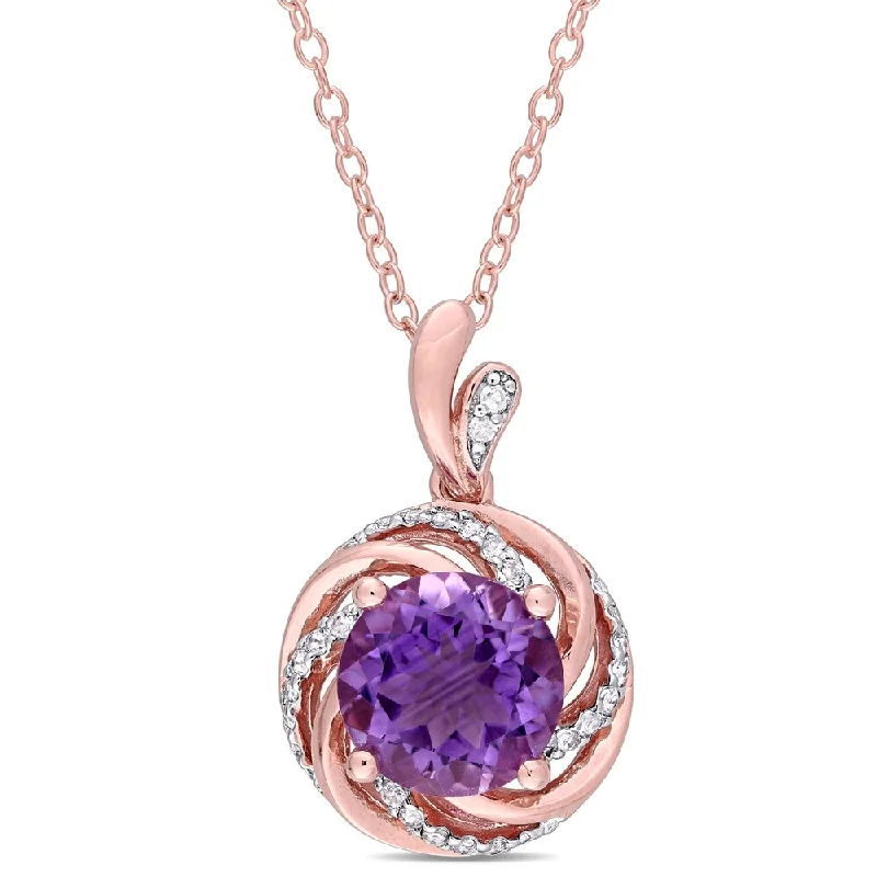 Slanted design necklaces-Miadora Rose Plated Sterling Silver Amethyst White Topaz and Diamond Swirl Halo Necklace