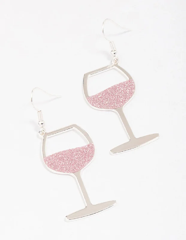 Smooth drop earrings-Silver Glitter Wine Glass Drop Earrings