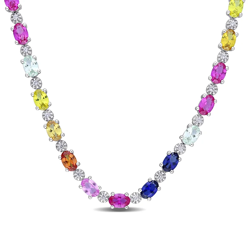 Polished name necklaces-Miadora Sterling Silver 23 7/8ct TGW Oval-cut Multi-color Created Sapphire Tennis Necklace