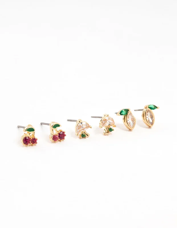 Wide hoop earrings-Gold Cubic Zirconia Mixed Fruit Stud Earrings 3-Pack