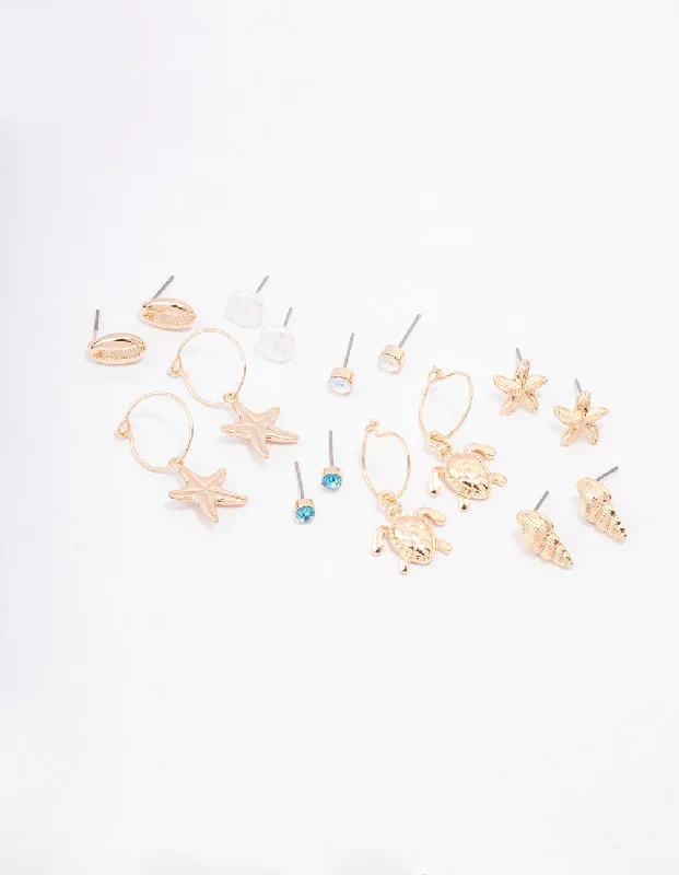 High gloss earrings-Gold Pearl Seashell Earring 8-Pack