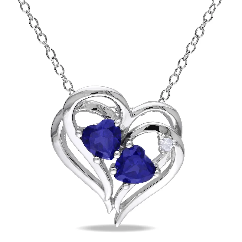 Retro deco necklaces-Miadora Sterling Silver Blue Sapphire and Diamond Heart Necklace (H-I,I3)