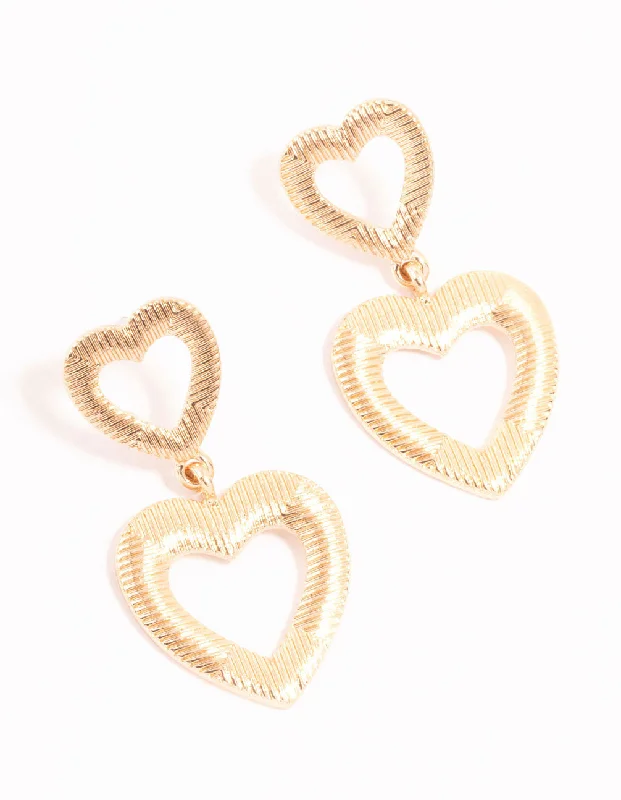 Reef knot earrings-Gold Line Double Heart Drop Earrings