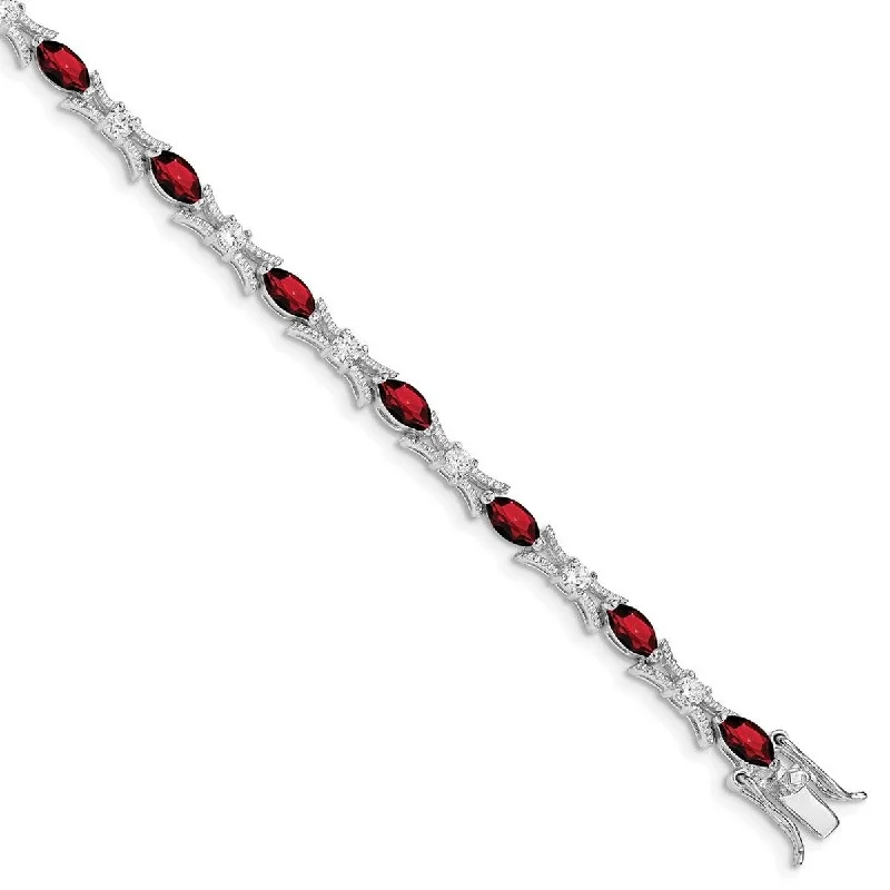 Silk tassel bangles-Curata 925 Sterling Silver Polished Box Catch Closure Garnet and CZ Cubic Zirconia Simulated Diamond Bracelet 7.5 Inch Box Clasp