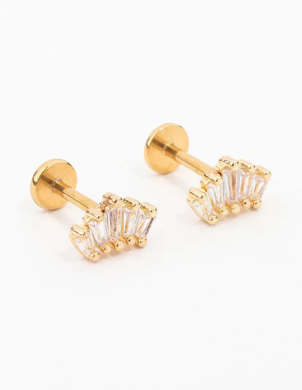 Playful pair earrings-Gold Plated Surgical Steel Baguette Crown Flat Back 2-Pack