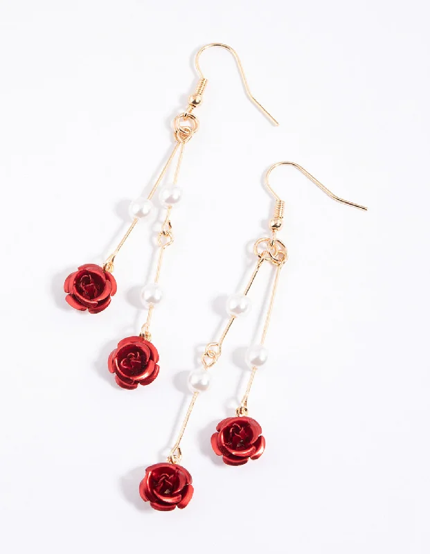 Solid ring earrings-Red Stick Pearl & Rose Drop Earrings