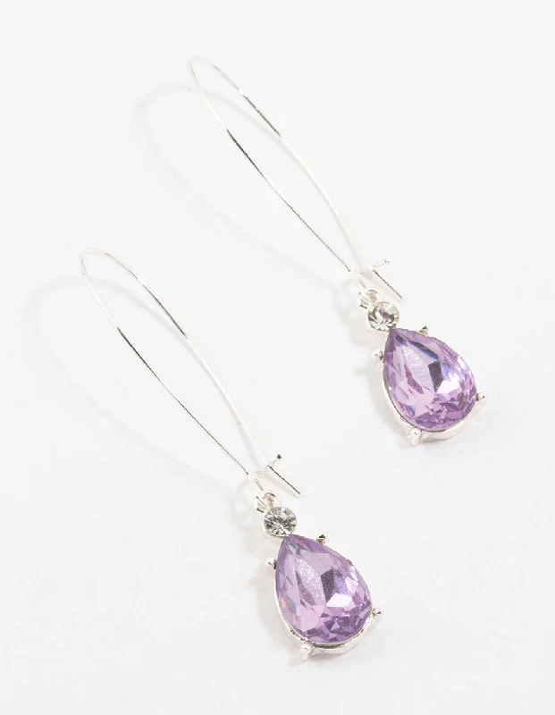 Full moon earrings-Silver Long Hawker Purple Pear Diamante Drop Earrings