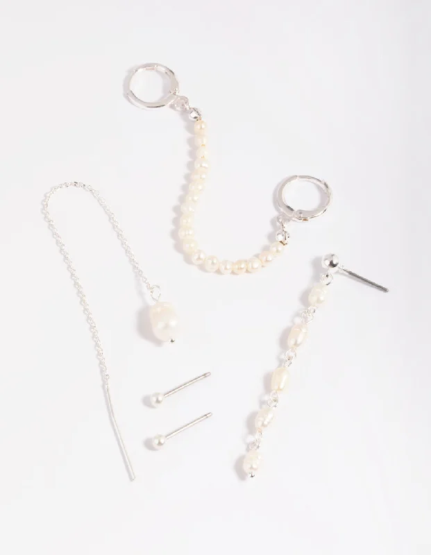 Cotton cord earrings-SIlver Plated Pearl Chain Earring Stack 6-Pack