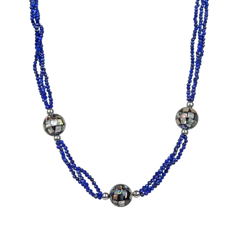 Worn style necklaces-Sterling Silver with Abalone Shell and Lapis Triple Strand Necklace with 18"+ 2" Extension