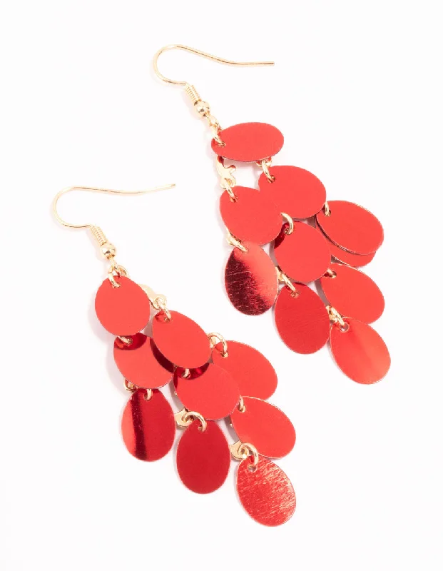 Silk cord earrings-Red Cascading Sequin Gold Drop Earrings