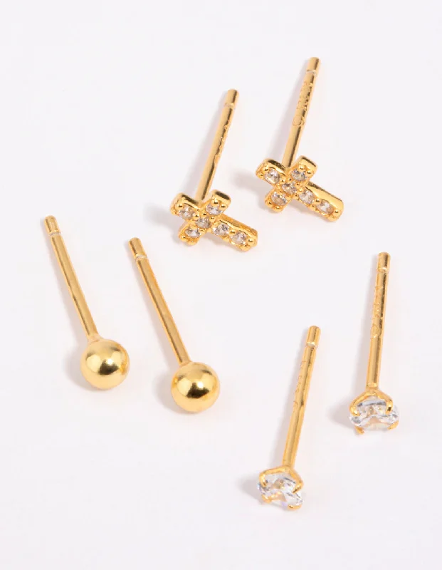 Polished art earrings-Gold Plated Sterling Silver Cross & Diamante Stud Earring Pack