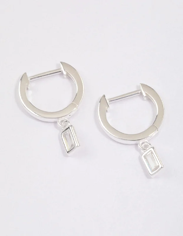 Topaz stud earrings-Sterling Silver Cubic Zirconia Baguette Drop Huggie Earrings