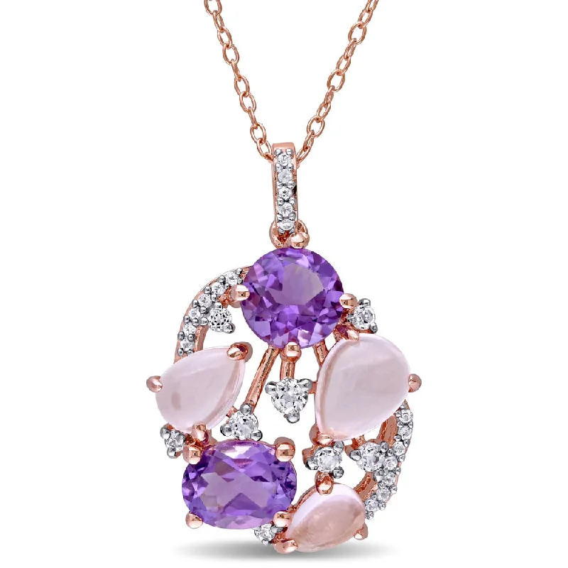 Braided link necklaces-Miadora Rose Plated Sterling Silver Amethyst Rose Quartz and White Topaz Openwork Necklace - Pink