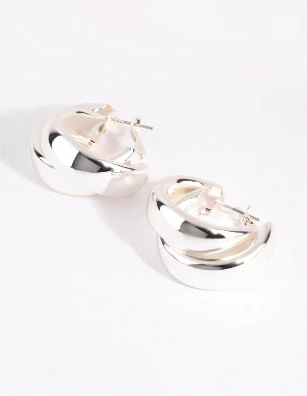 Tide design earrings-Silver Thick Double Hoop Earrings