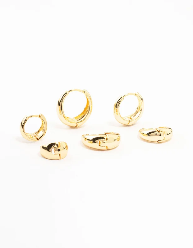 Topaz stud earrings-Classic Gold Plated Brass Chunky Hoop Earrings 3-Pack