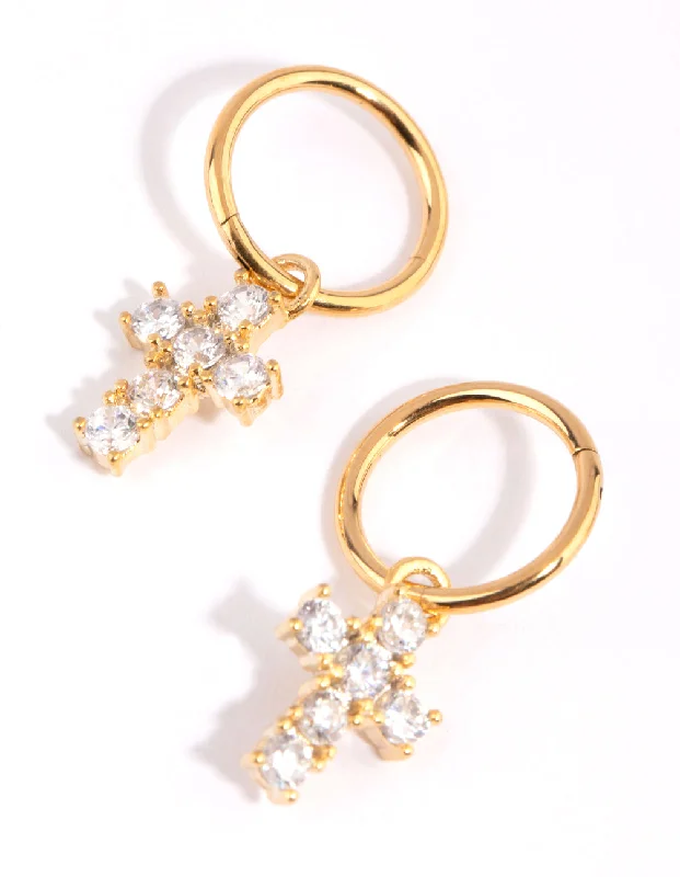 Tiny dot earrings-Gold Plated Surgical Steel Cubic Zirconia Cross Sleeper Earrings