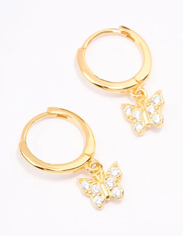 Java tile earrings-Gold Plated Sterling Silver Cubic Zirconia Butterfly Huggie Earrings