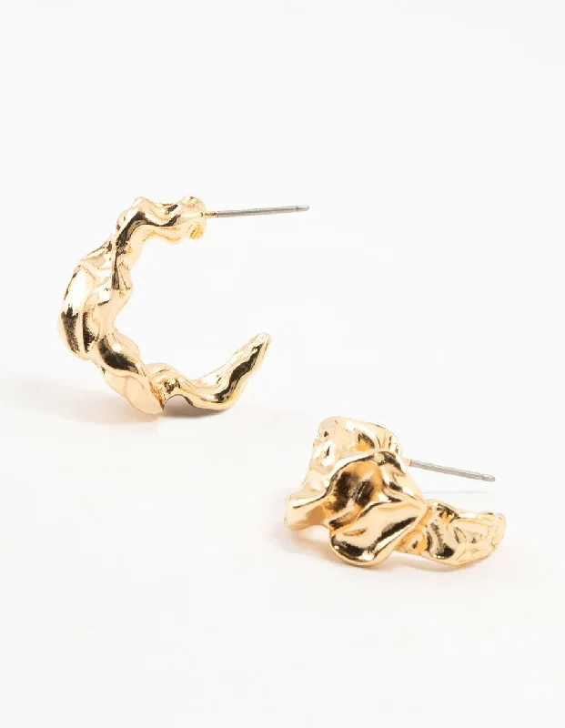 Smooth drop earrings-Gold Plated Molten Mini Hoop Earrings