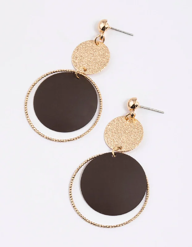 Light wood earrings-Brown Sandblast Disc Drop Earrings