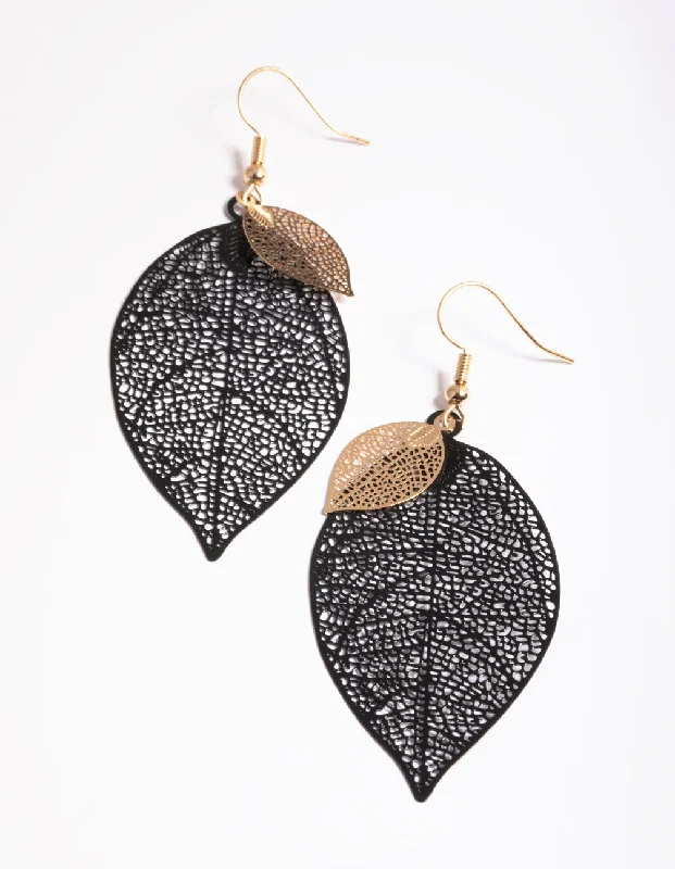 Light drop earrings-Black Double Leaf Drop Earrings