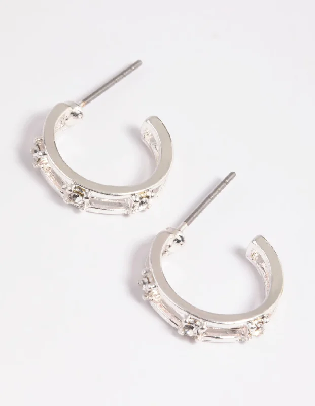 Pure stud earrings-Silver Diamante Huggie Hoop Earrings